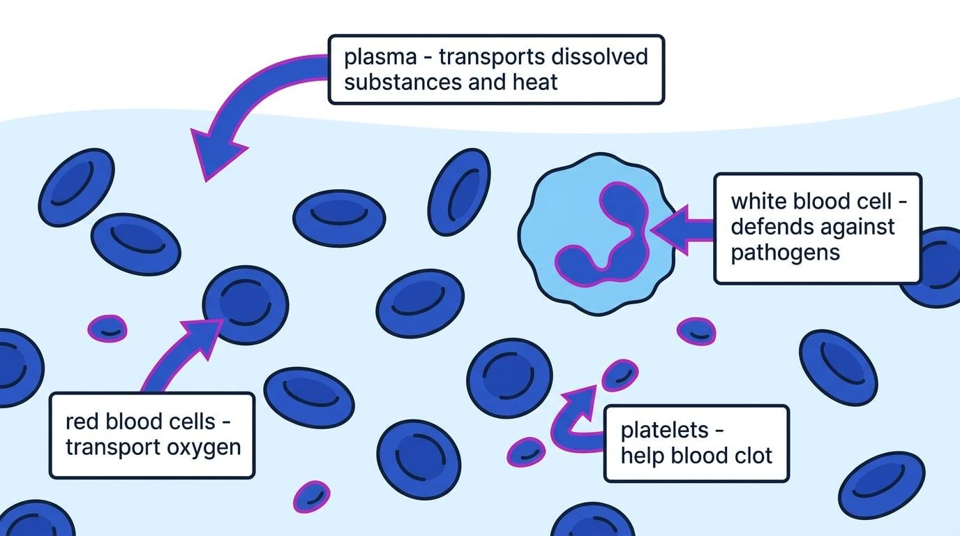 Diagram showing plasma with many red blood cells, one white blood cell, and platelets labelled with their functions