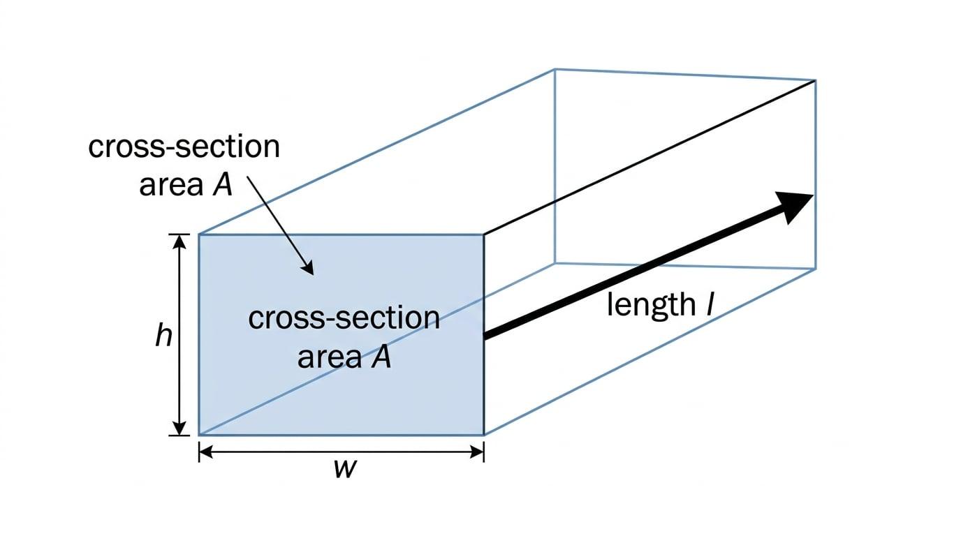 Generic prism with shaded front cross-section labelled cross-section area A and arrow showing prism length l