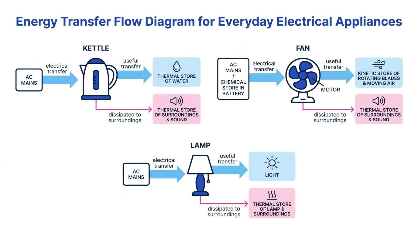Energy transfer flow diagram of a kettle, fan and lamp showing electrical input, useful outputs, and dissipated energy to the surroundings