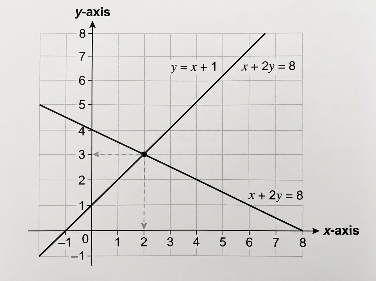 Graph of the lines y = x + 1 and x + 2y = 8 crossing at the point (2, 3)
