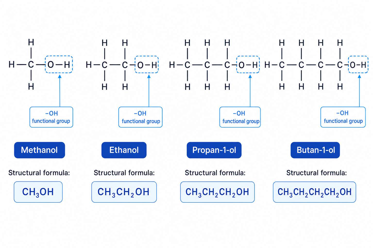 Displayed formulae of methanol, ethanol, propan-1-ol and butan-1-ol with each hydroxyl group labelled