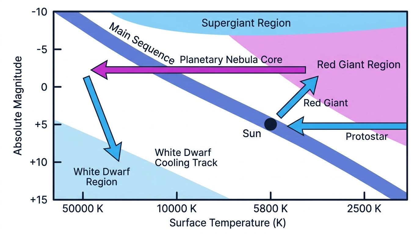 HR diagram showing the main sequence, red giant region, white dwarf region, Sun position, and a Sun-like evolutionary track