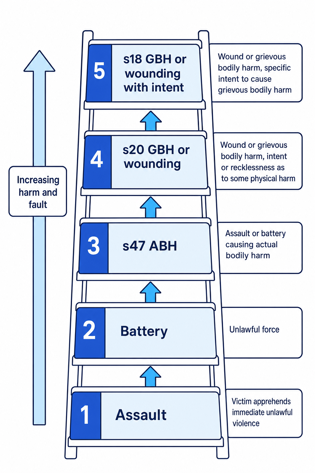 Ladder showing assault, battery, s47 ABH, s20 GBH or wounding, and s18 GBH or wounding with intent