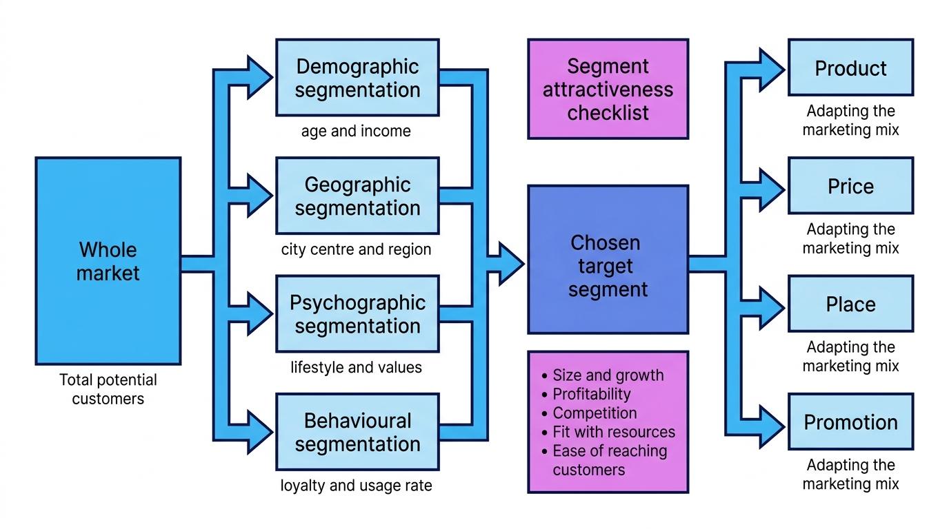 Flow diagram showing whole market split into demographic, geographic, psychographic and behavioural segmentation, then chosen target segment, attractiveness checklist, and the 4 Ps