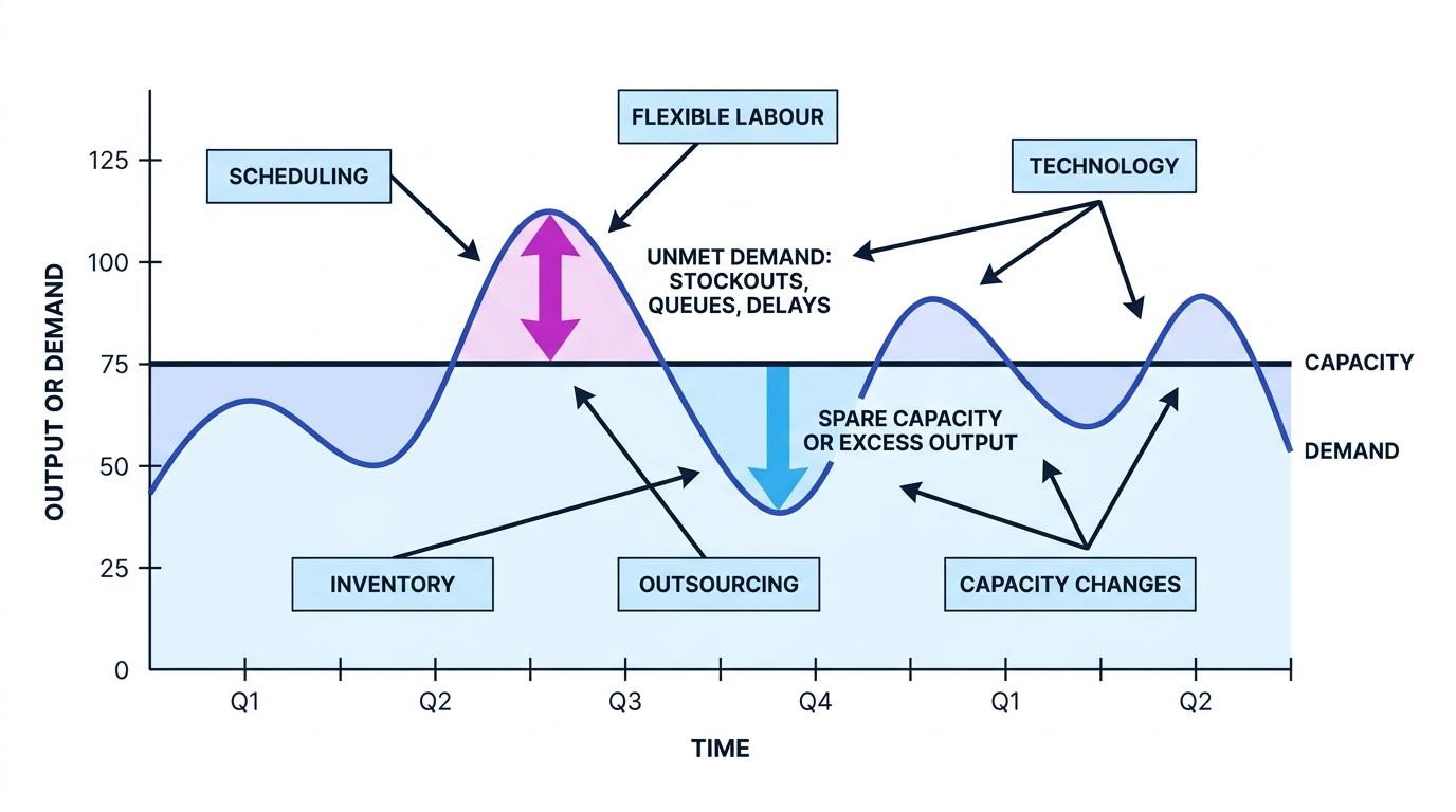 Line chart of demand fluctuating above and below a flatter capacity line over time, with unmet demand and spare capacity labelled and six response levers around the chart