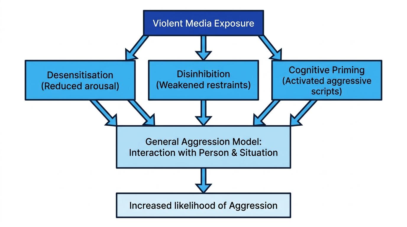 Flowchart showing violent media exposure leading to desensitisation, disinhibition, and cognitive priming, which interact with person and situation in the General Aggression Model to increase likelihood of aggression.