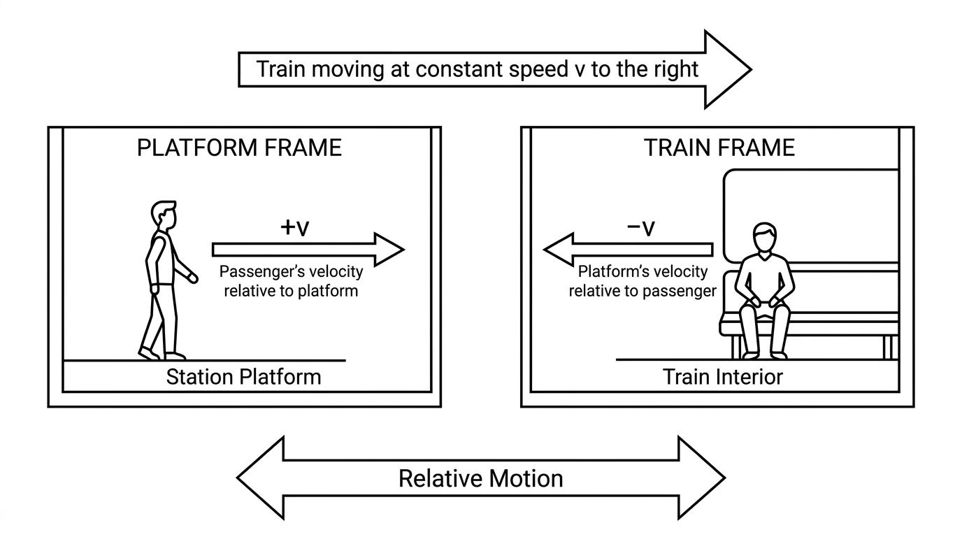 Platform observer and train passenger in different frames of reference with relative velocities labelled