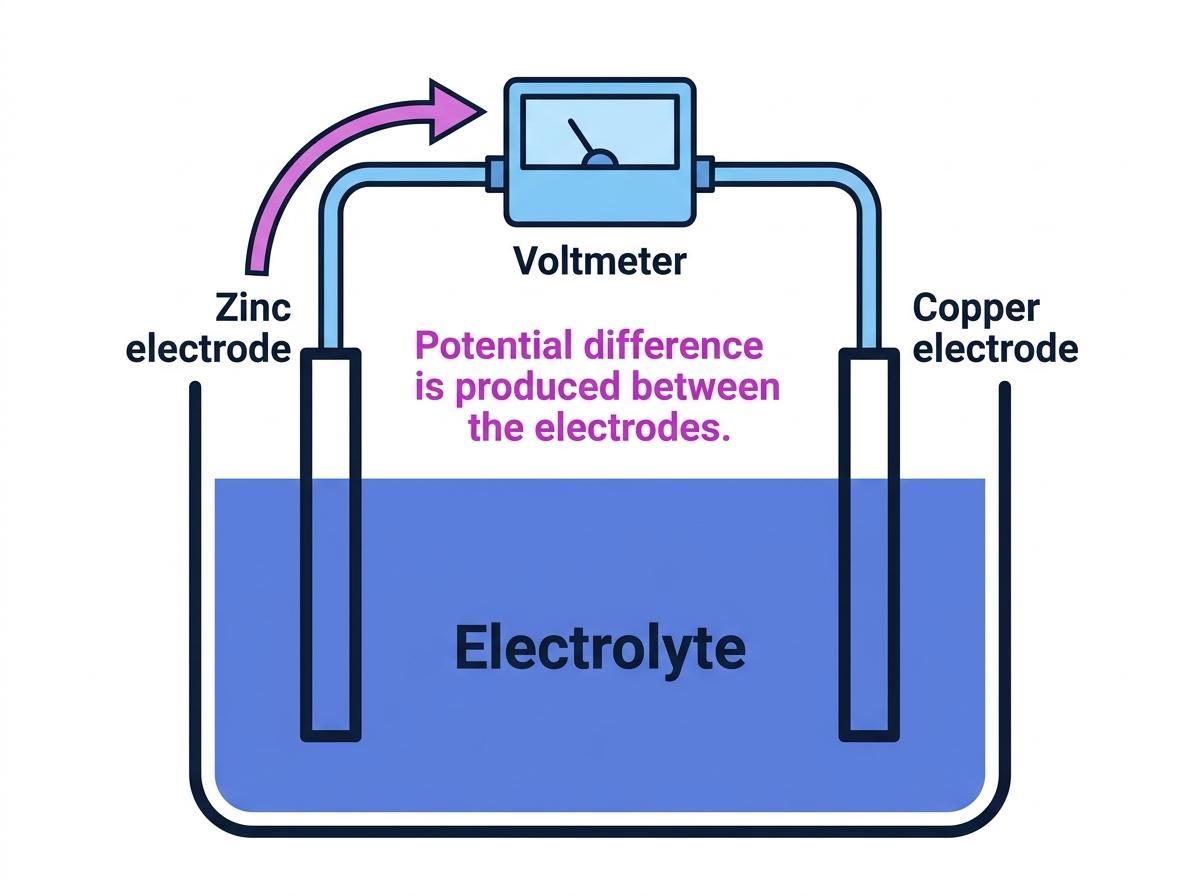 Labelled simple chemical cell with zinc and copper electrodes in an electrolyte connected to a voltmeter