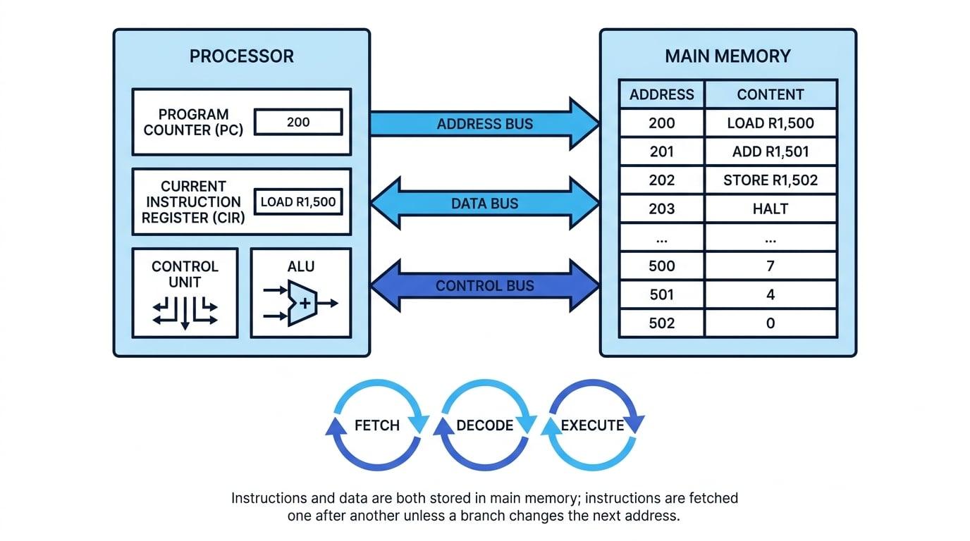 Stored program concept diagram showing a processor with program counter, current instruction register, control unit and ALU linked by address, data and control buses to main memory holding instructions and data