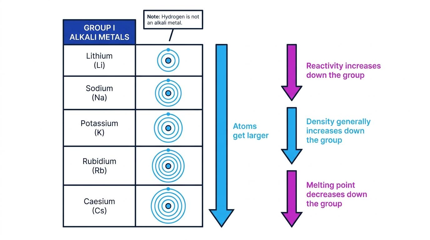 Column of Group I alkali metals from lithium to caesium with shell diagrams and arrows showing atomic size, reactivity, density and melting point trends