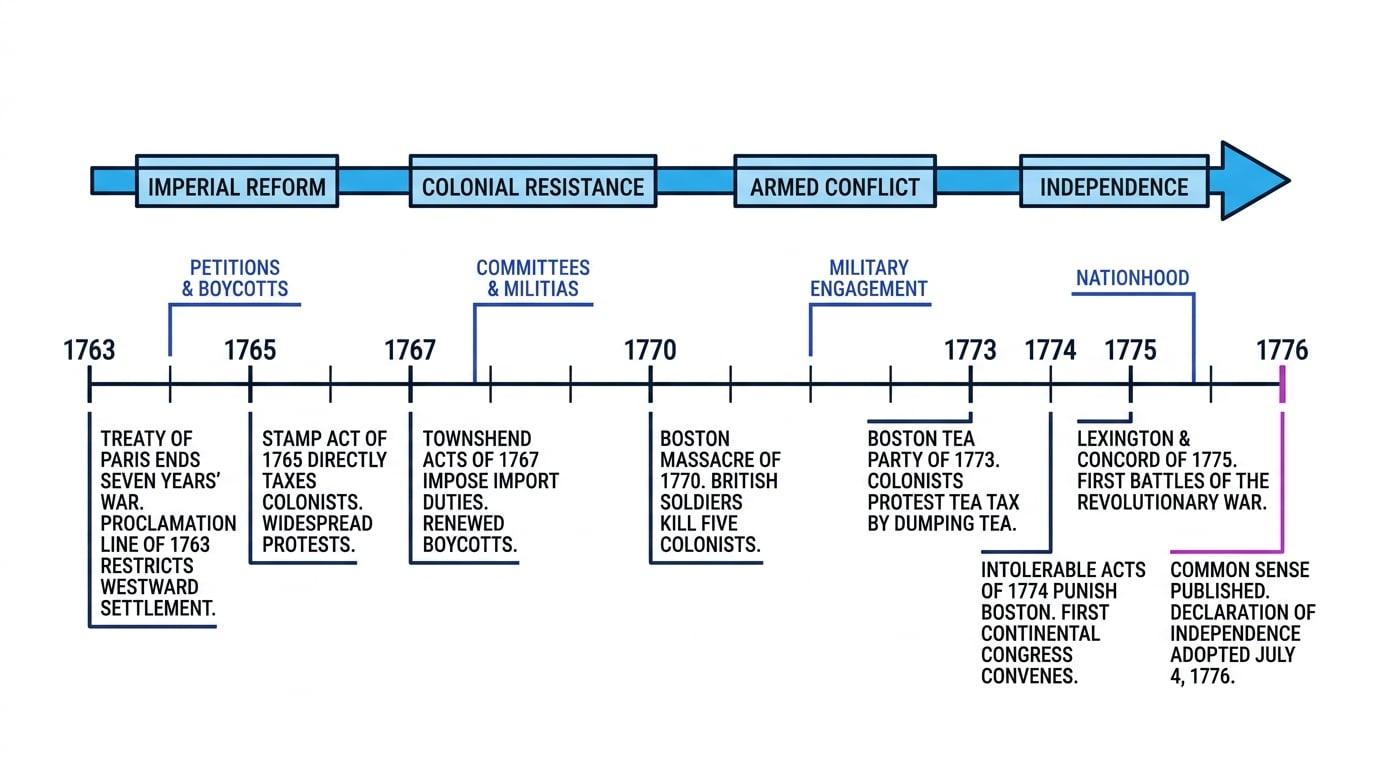 Annotated timeline of key events from the Treaty of Paris in 1763 to the Declaration of Independence in 1776, grouped into imperial reform, colonial resistance, armed conflict, and independence