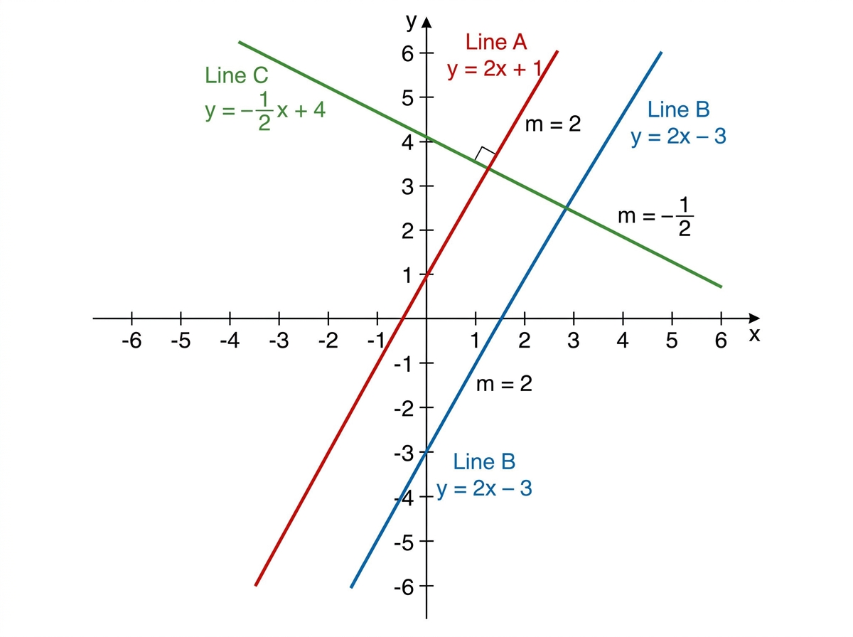Coordinate grid with two parallel lines of gradient 2 and a perpendicular line of gradient minus one half, with a right angle marked