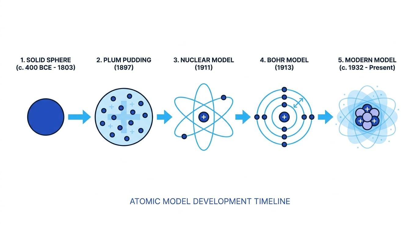 Timeline showing atomic model development from solid sphere to plum pudding, nuclear model, Bohr model, and a nucleus containing protons and neutrons