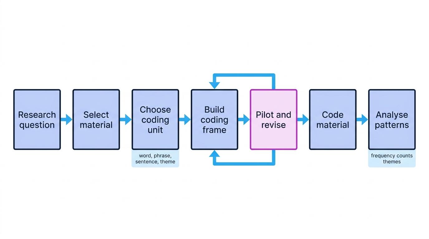 Flowchart of the content analysis coding process from research question to analysing patterns, showing coding units and a pilot-revise loop