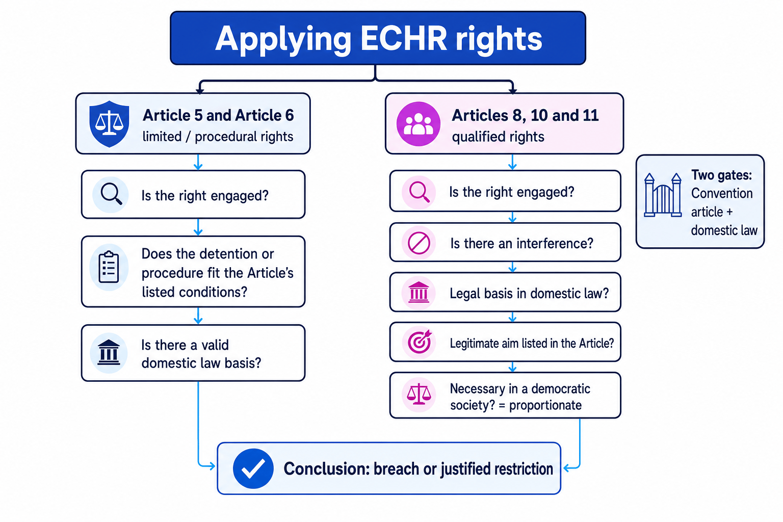 Flowchart comparing the Article 5 and 6 analysis with the Articles 8, 10 and 11 legality, legitimate aim and proportionality test