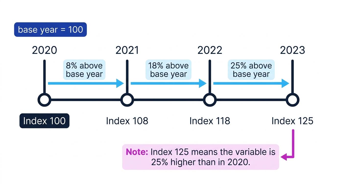 Timeline of index numbers with 2020 as base year 100 and later indices 108, 118, and 125