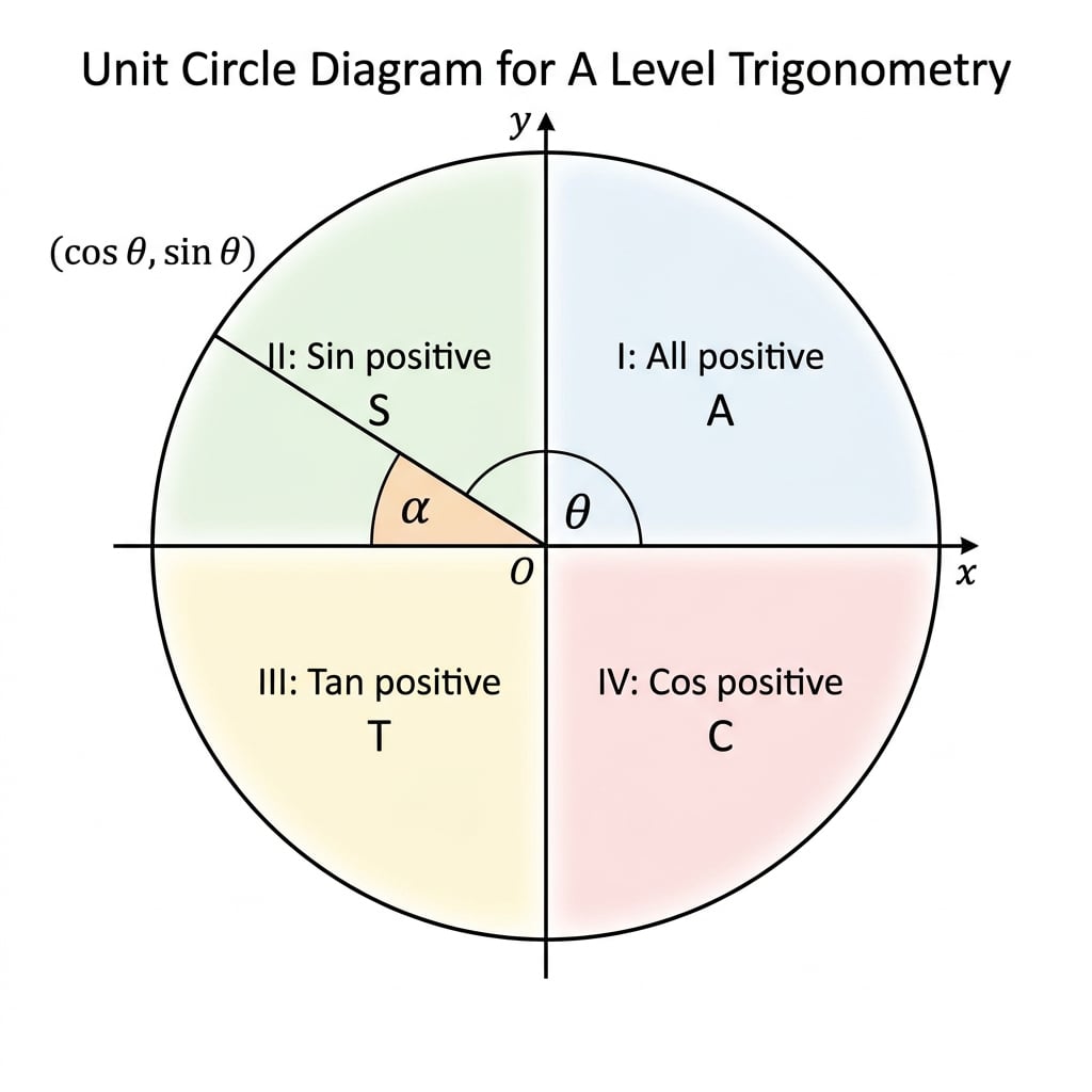 Unit circle with x and y axes, quadrants I to IV, positive trig functions by quadrant, and a reference angle drawn in quadrant II