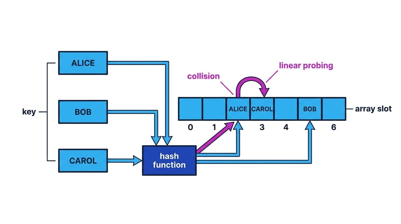 Hash table schematic showing keys ALICE, BOB, and CAROL entering a hash function, with ALICE in slot 2, BOB in slot 5, and CAROL moved from colliding slot 2 to slot 3 by linear probing