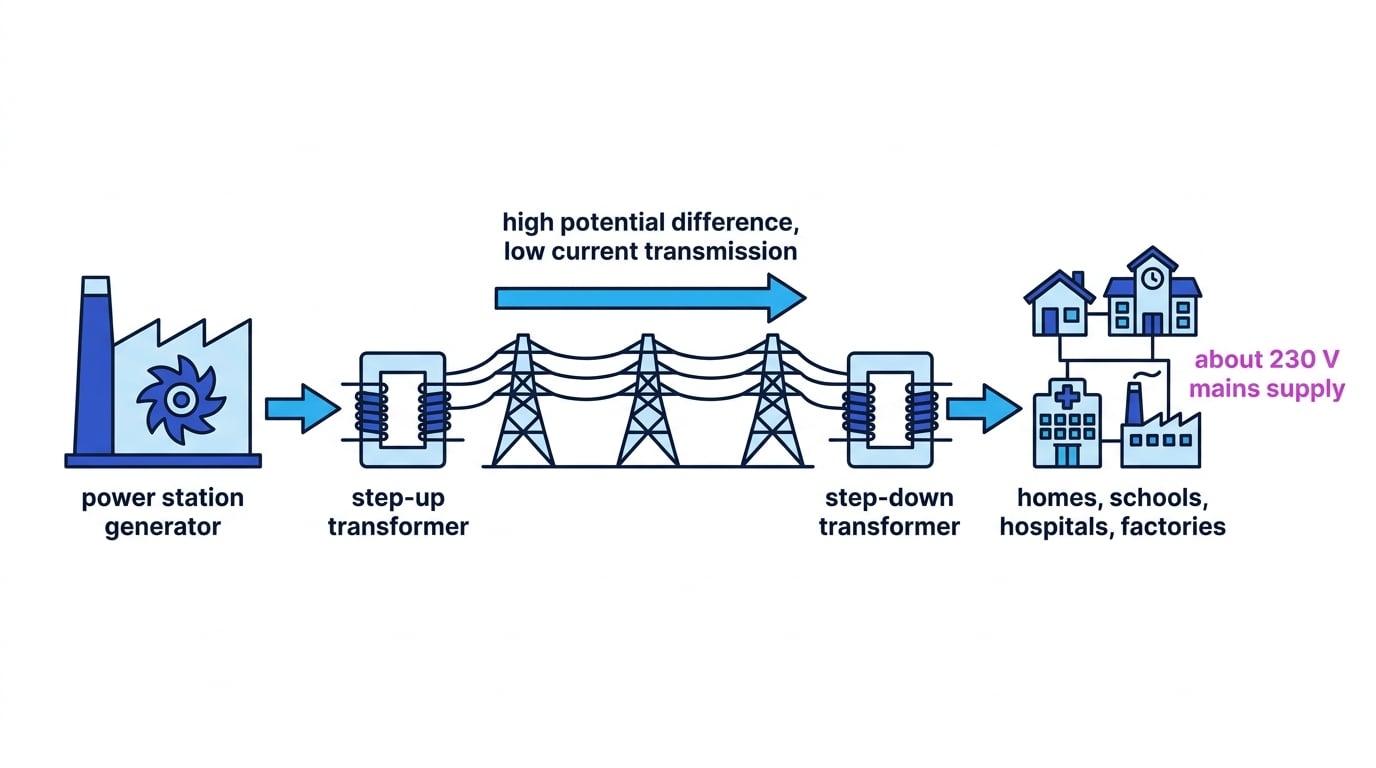 Schematic of the National Grid showing power station, step-up transformer, high-voltage transmission cables, step-down transformer and consumers
