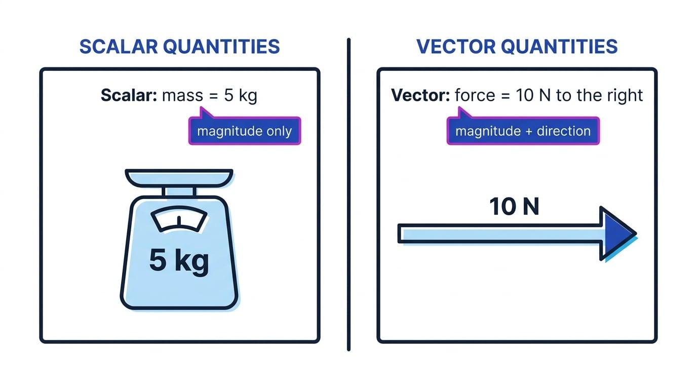 Comparison of a scalar mass of 5 kg and a vector force of 10 N to the right, showing magnitude only versus magnitude and direction