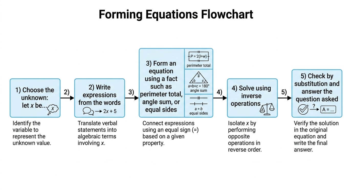 Flowchart showing choose the unknown, write expressions, form an equation, solve, and check by substitution