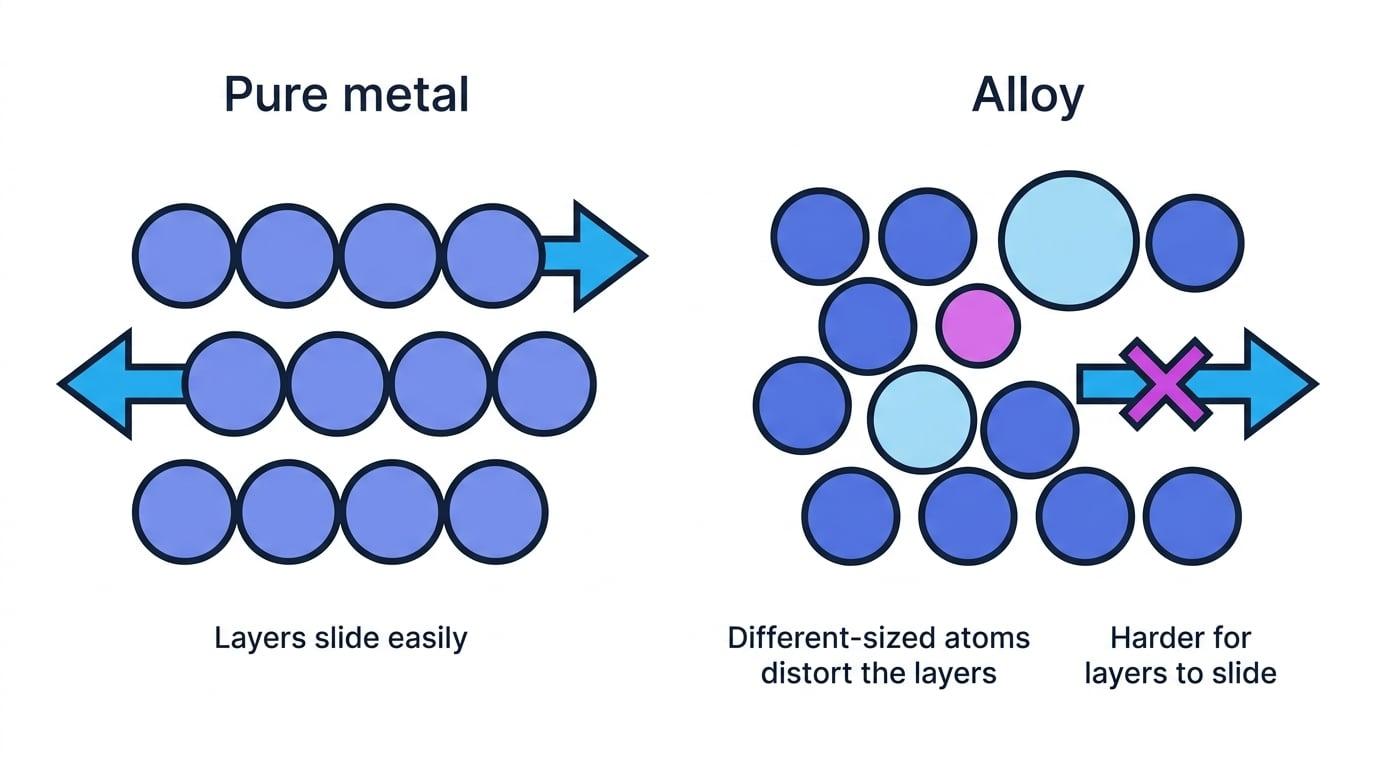 Particle diagram comparing pure metal layers that slide easily with alloy layers distorted by different-sized atoms