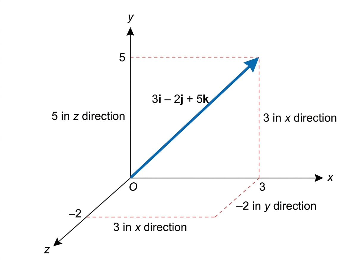 3D axes with a vector from the origin to the point (3,-2,5), with dashed component projections labelled 3i, -2j and 5k