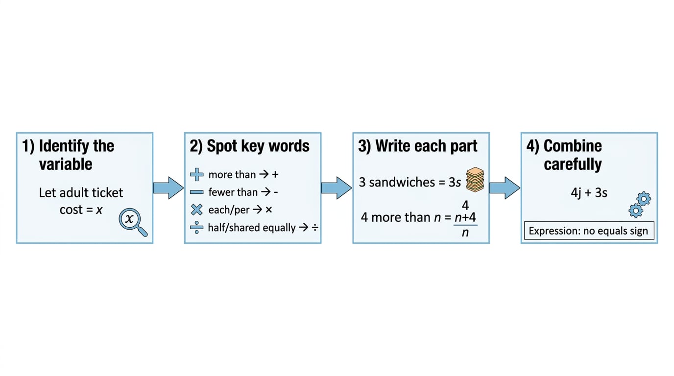Flowchart showing the steps for writing an algebraic expression: identify the variable, spot key words, write each part, then combine carefully
