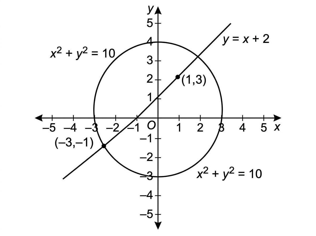 Coordinate graph of a circle centred at the origin and a line crossing it at two points labelled negative 3 comma negative 1 and 1 comma 3