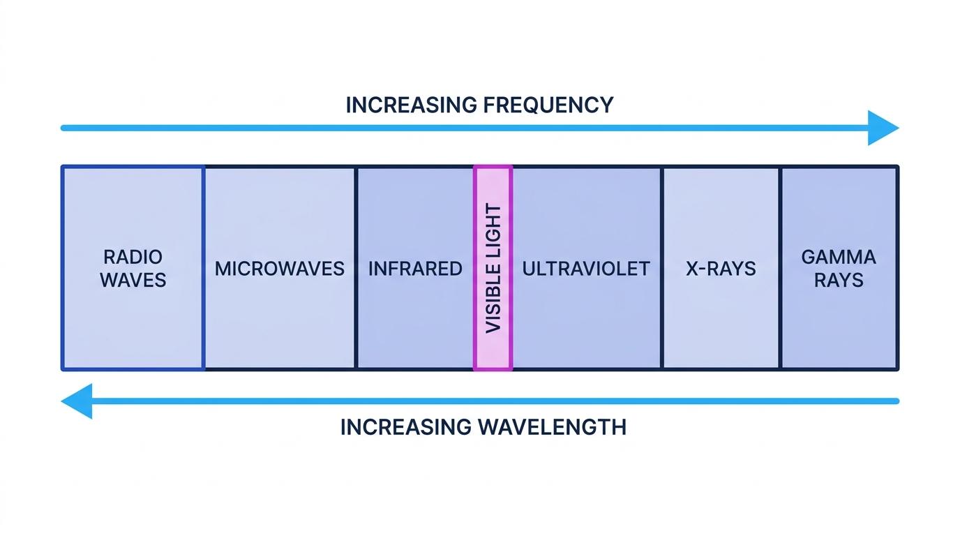 Electromagnetic spectrum from radio waves to gamma rays, with frequency increasing toward gamma rays and wavelength increasing toward radio waves