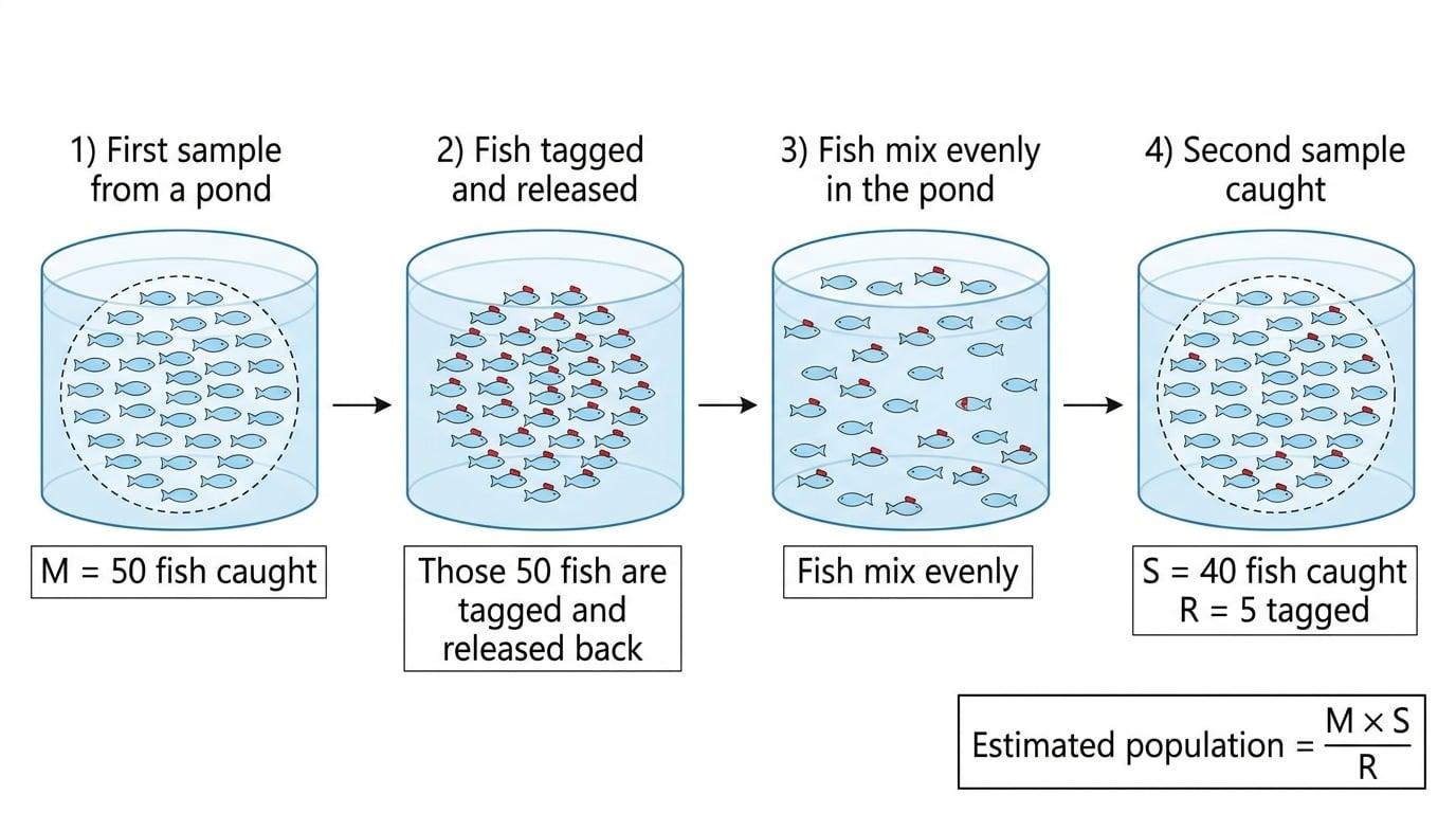 Capture-recapture process showing first sample of 50 fish tagged and released, mixed in a pond, then second sample of 40 fish with 5 tagged, labelled M, S and R.