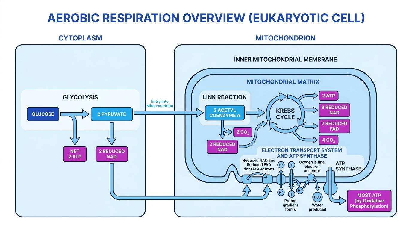 Flowchart of aerobic respiration showing glycolysis in the cytoplasm and the link reaction, Krebs cycle, and oxidative phosphorylation in a mitochondrion