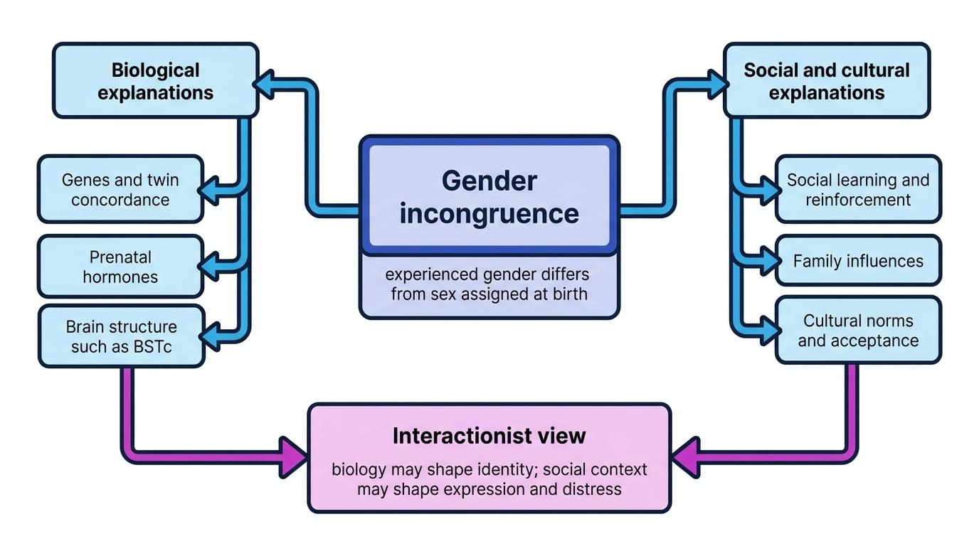Concept map of gender incongruence showing biological explanations, social and cultural explanations, and an interactionist view