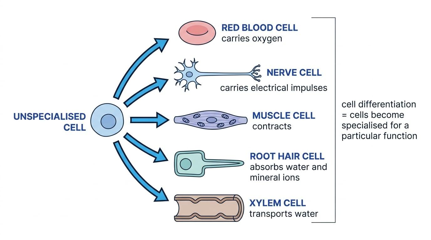 Schematic of one unspecialised cell differentiating into a red blood cell, nerve cell, muscle cell, root hair cell and xylem cell, with each function labelled