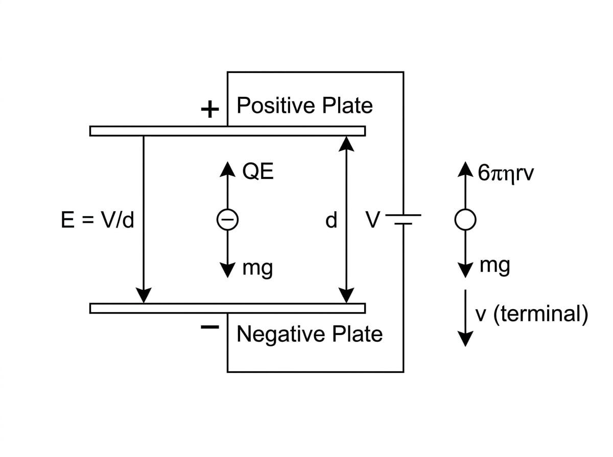Millikan oil-drop apparatus with parallel plates, a suspended charged drop showing weight and electric force, and a falling drop showing weight and viscous drag