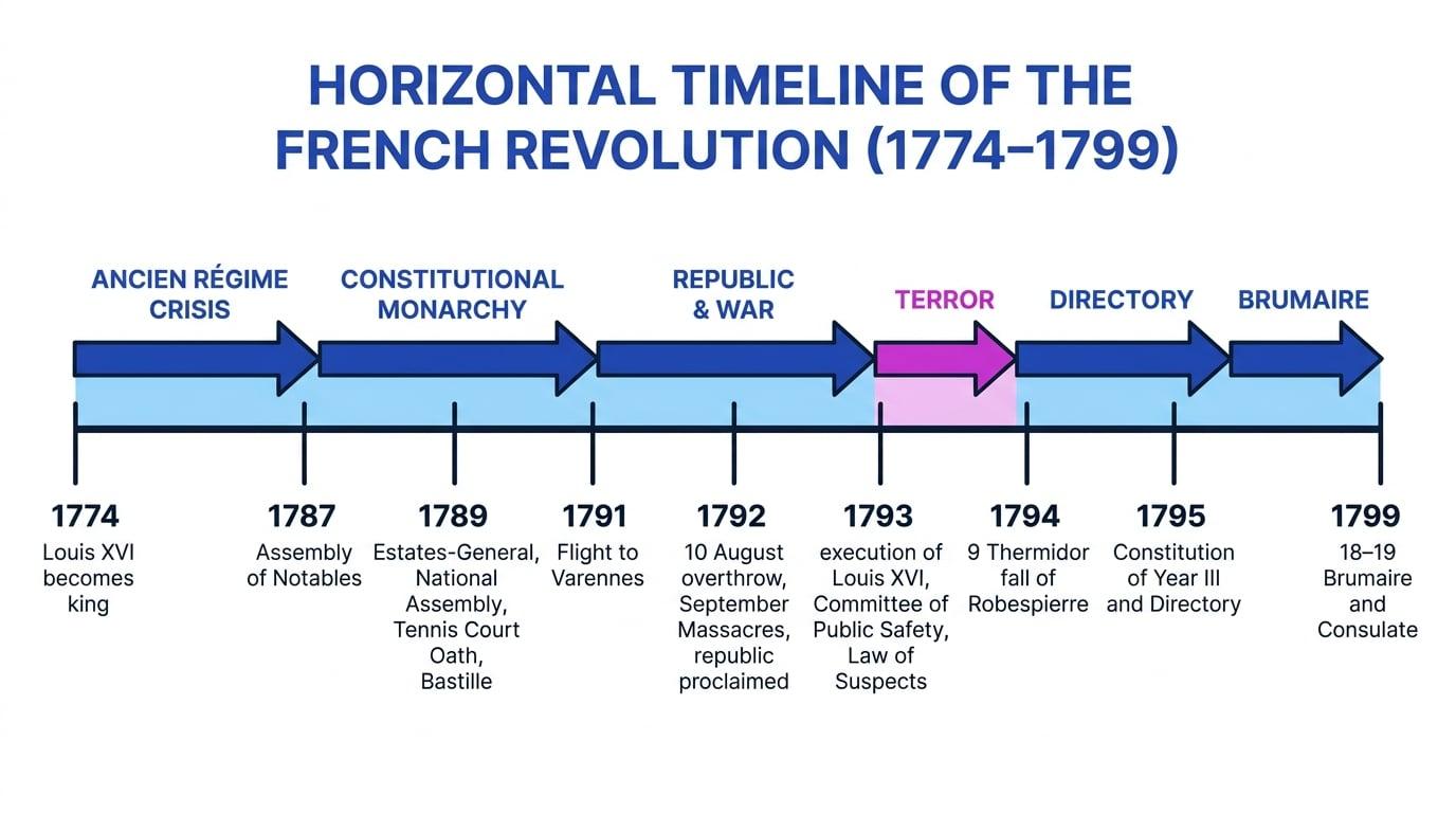 Timeline of the French Revolution from 1774 to 1799 showing ancien régime crisis, constitutional monarchy, republic and war, Terror, Directory, and Brumaire
