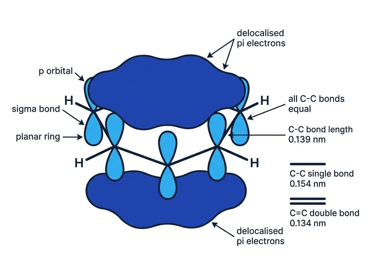 Schematic of planar benzene showing perpendicular p orbitals and delocalised pi clouds above and below the ring with equal C-C bonds labelled
