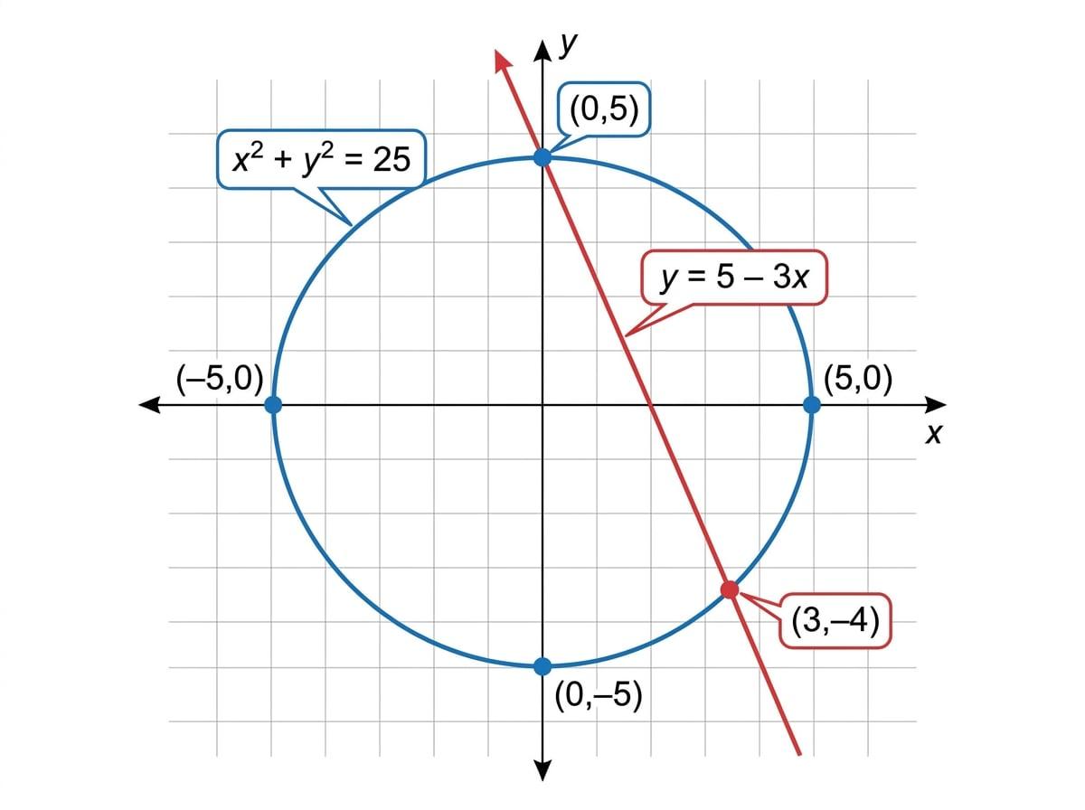 Graph of the circle x^2 + y^2 = 25 and the line y = 5 - 3x with intersections labelled at (0,5) and (3,-4).