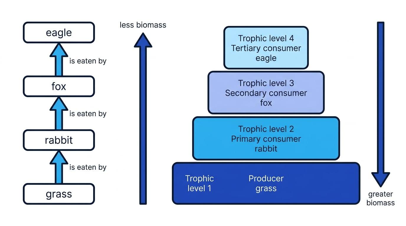 Food chain grass to rabbit to fox to eagle next to a biomass pyramid with trophic levels 1 to 4 labelled and bars getting narrower upward