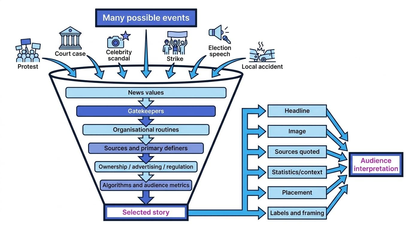 A funnel diagram showing many possible events passing through news values, gatekeepers, organisational routines, sources, ownership, algorithms, and then branching into presentation choices that shape audience interpretation