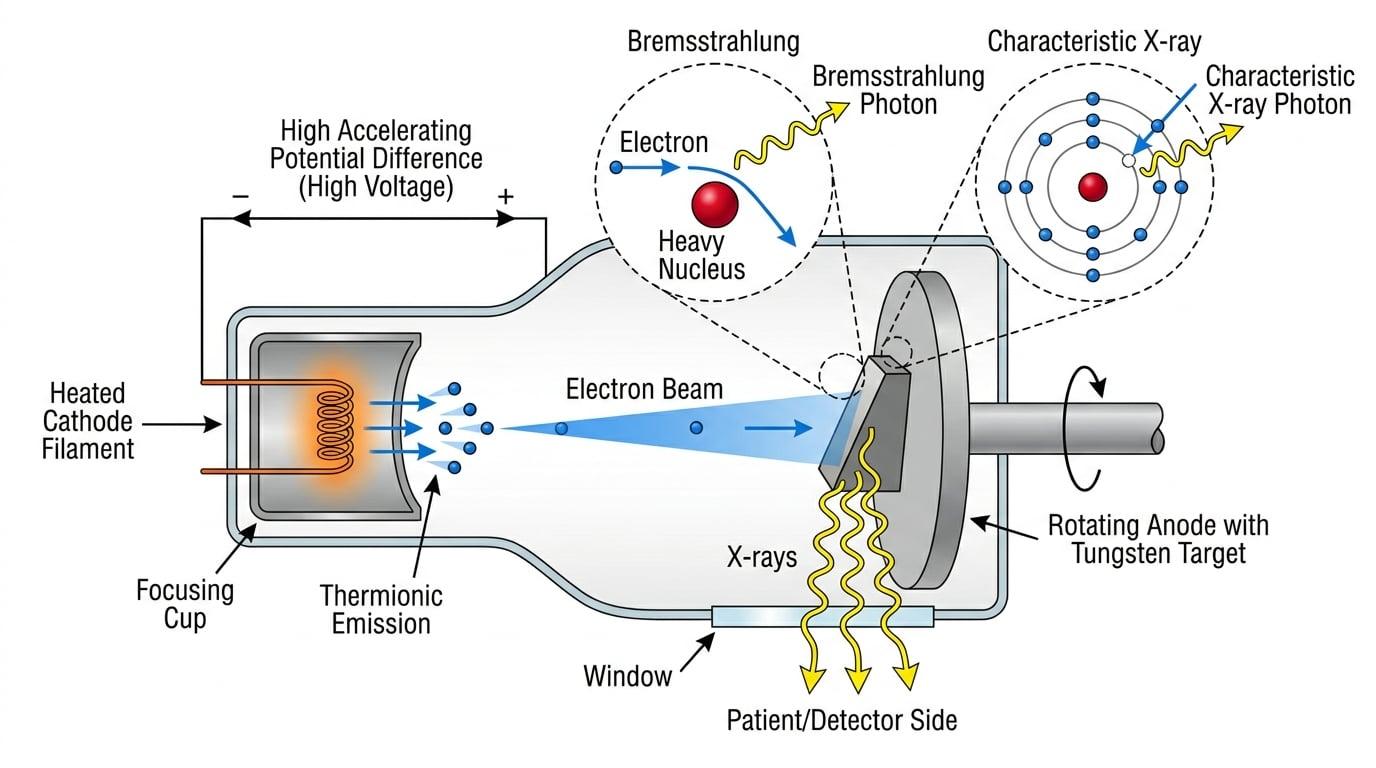 Side-view diagram of a diagnostic X-ray tube with heated cathode, accelerating electrons, angled tungsten target, and X-rays emerging
