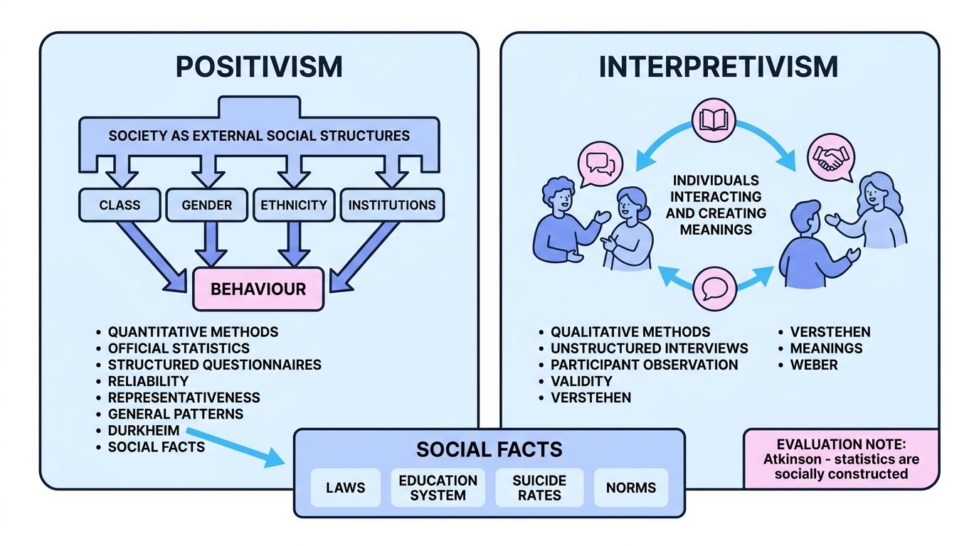 Comparison diagram showing positivism with external social structures shaping behaviour, interpretivism with individuals creating meanings, and social facts such as laws, education system, suicide rates, and norms