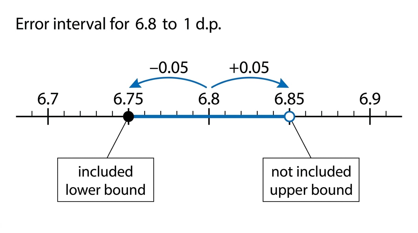 Number line showing the error interval for 6.8 to 1 decimal place, with a filled dot at 6.75, an open dot at 6.85, and 6.8 in the centre