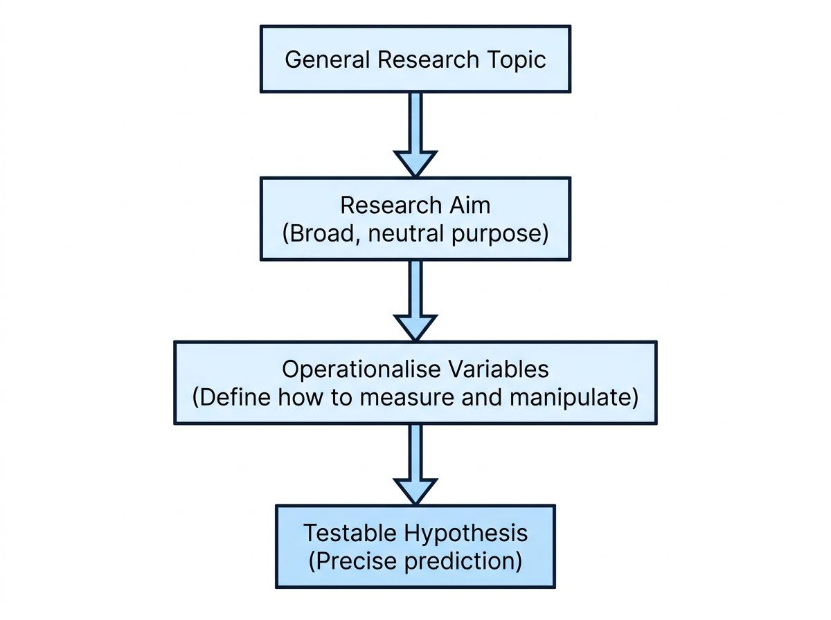 Flowchart showing the progression from General Research Topic to Research Aim, then Operationalise Variables, and finally Testable Hypothesis