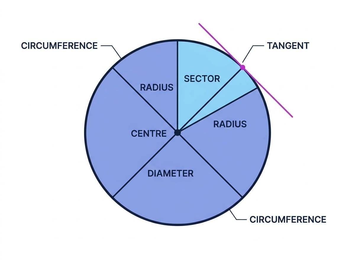 Labelled circle showing centre, radius, diameter, circumference, tangent, and a sector