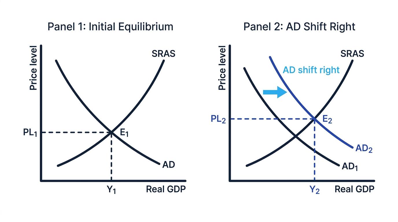 Two-panel AD/AS diagram showing initial equilibrium and a rightward shift in aggregate demand, with price level and real GDP axes labelled