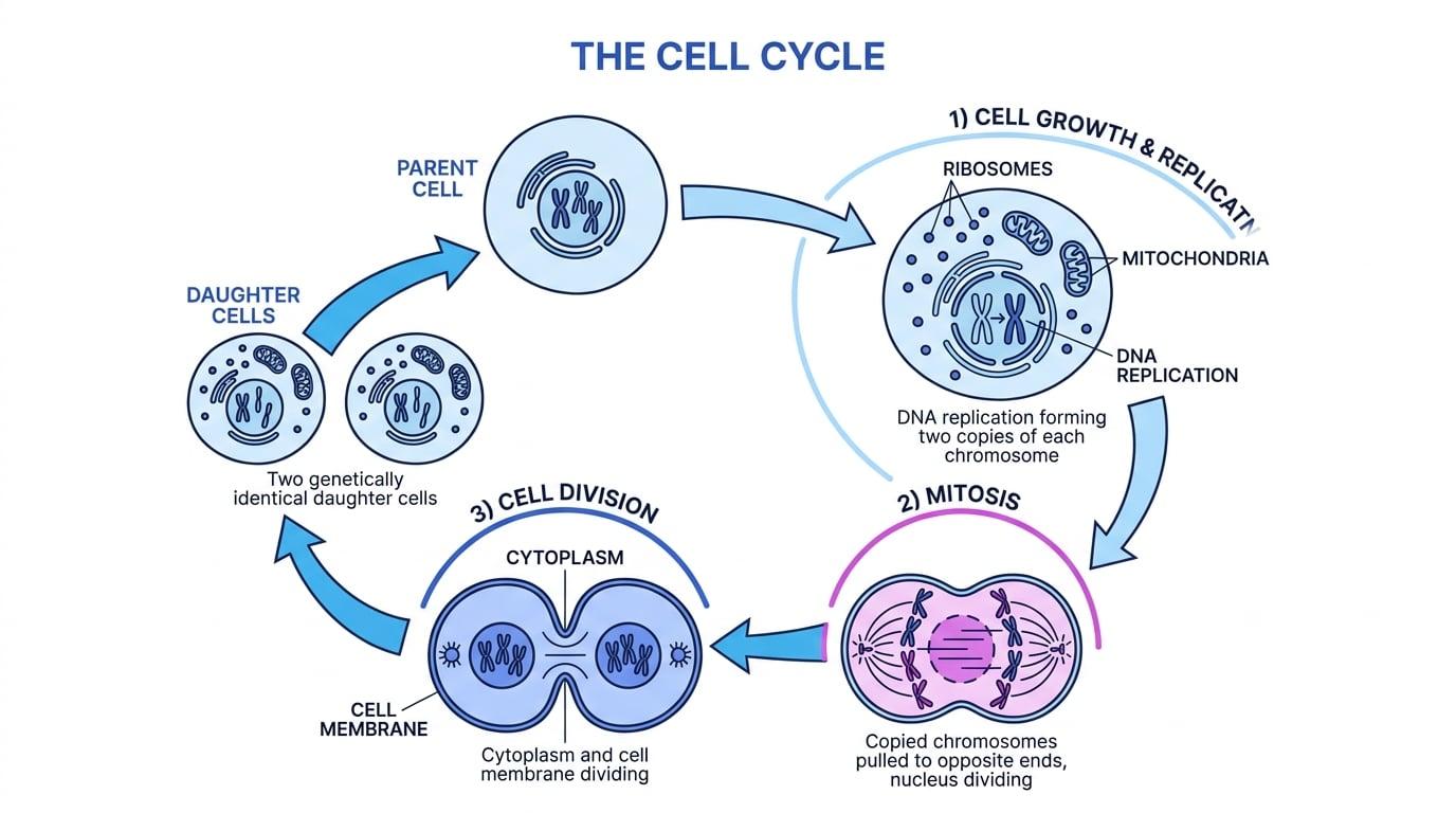 Cell cycle diagram showing a parent cell, growth and DNA replication with ribosomes and mitochondria, mitosis, cell division, and two genetically identical daughter cells.