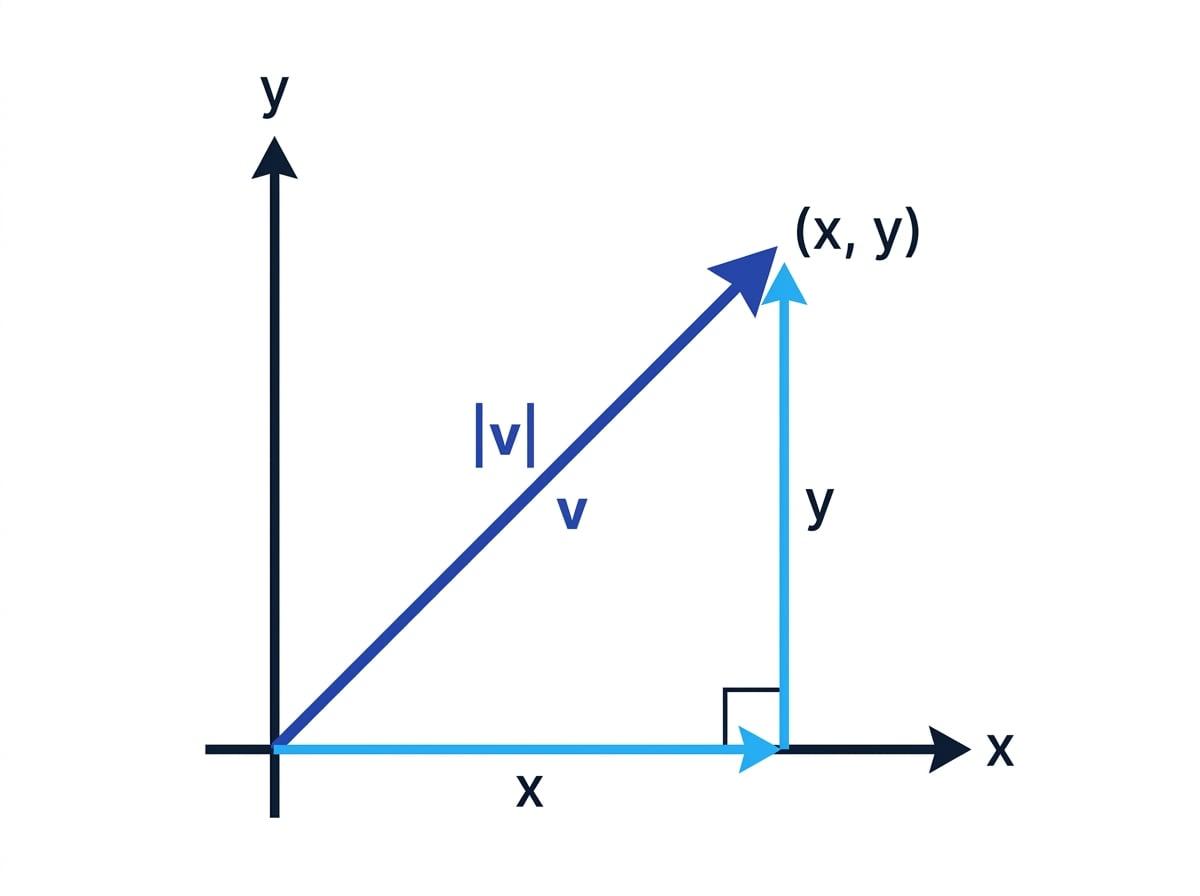 Vector from the origin to point (x, y) split into horizontal and vertical components, with the full length labelled magnitude