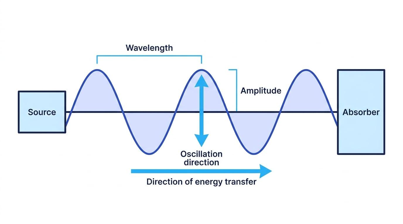 Transverse electromagnetic wave with source, absorber, wavelength, amplitude, oscillation direction and direction of energy transfer