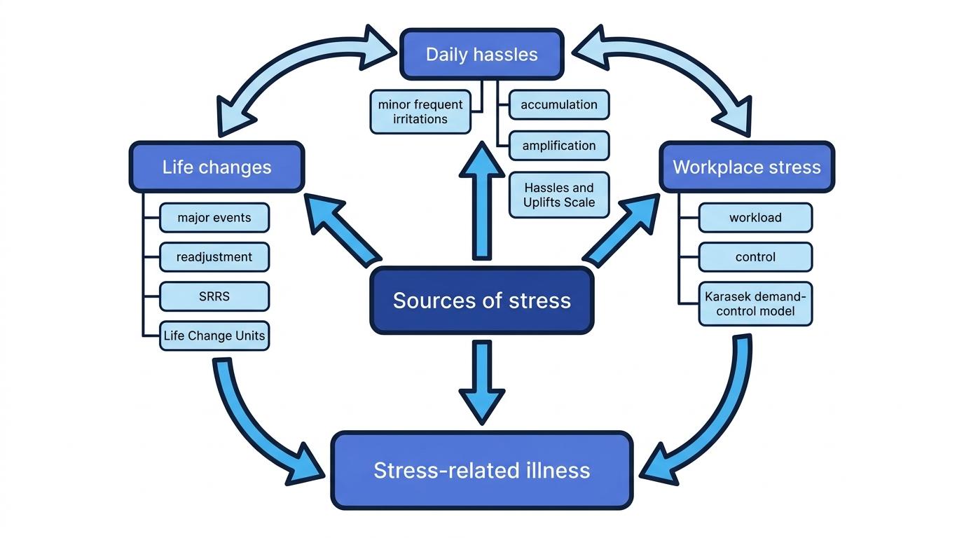 Concept map of sources of stress showing life changes, daily hassles, and workplace stress all linked to stress-related illness